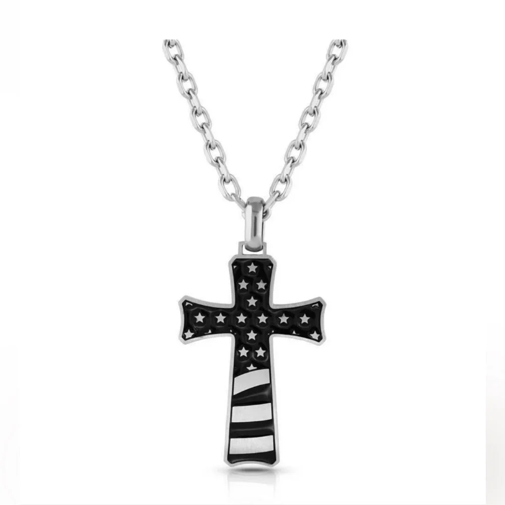 NEW Montana Silversmith Men’s Patriotic Faith Cross Necklace 24” Stainless Steel
